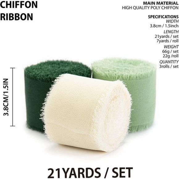3 Rolls Handmade Fringe Chiffon Silk Ribbon Gauze 1.5" x7Yd Cream &Green Ribbons - Picture 3 of 6